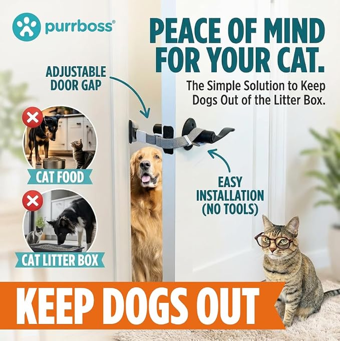 Adjustable Cat Door Latch to Keep Rooms Accessible for Pets, Dog-Proof Pet Gate Alternative for Feeding & Litter Box Areas, Strongest, Portable & No Tools or Adhesives