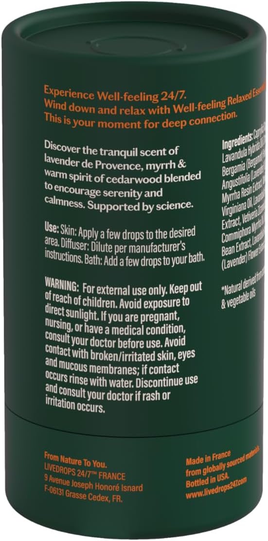 LIVEDROPS 24/7 Relaxed Essential Oil Blend - Lavender, Myrrh & Cedarwood - Calming Scent - Pure & Natural Aromatherapy - Skin Safe & Diffuser Compatible - Crafted in France by Perfumers