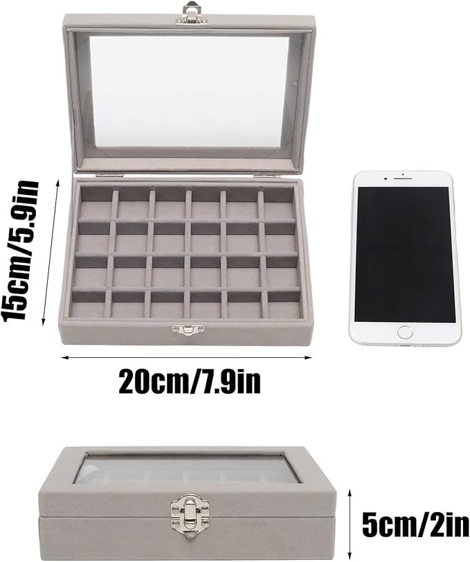 Small Velvet Jewelry Tray with Clear Lid, 24 Grids Gray | Lockable Ring Earring Holder Organizer Storage Box Case Jewelry Box Organizer for Rings Earrings Bracelets Brooches