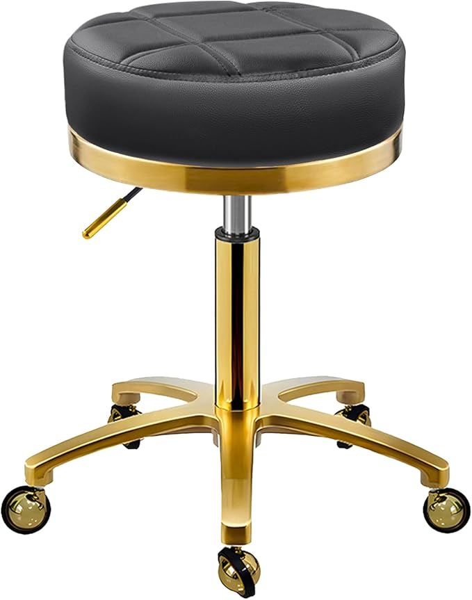 Gold Rolling Vanity Stool with Wheels, Salon Spa Tattoo Massage Pedicure Chair, PU Leather Roller Chair, 43-55cm Height Adjustable Office Work Swivel Stool (Black, Without Back)
