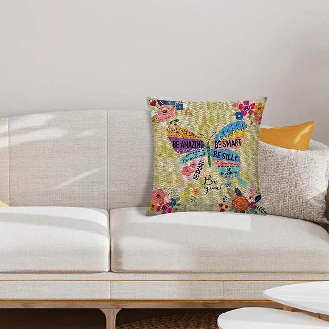 Littlefa Bright Colorful Throw Pillow Cover Butterfly Decorative Pillowcase | Boho Throw Pillow Cover with Inspirational Saying, 18×18 In