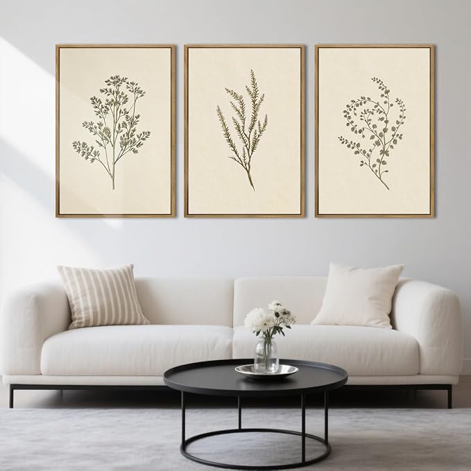 ANHUIB Neutral Beige Floral Canvas Wall Art Large Cream Botanical Wall Decor Vintage Minimalist Modern Paintings 24x36 Inch Set of 3 for Living Room Dining Room Bedroom