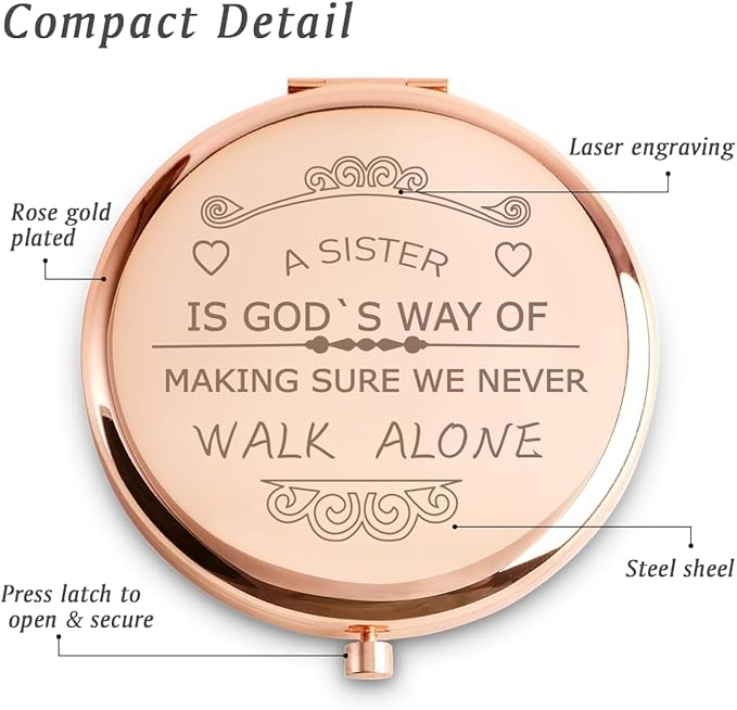 Sister Gifts, Personalized Gift for Sister, Custom Compact Mirror, Goodie Bag & Basket Stuffers for Valentines Day, Mothers Day, Graduation, Birthday, Wedding