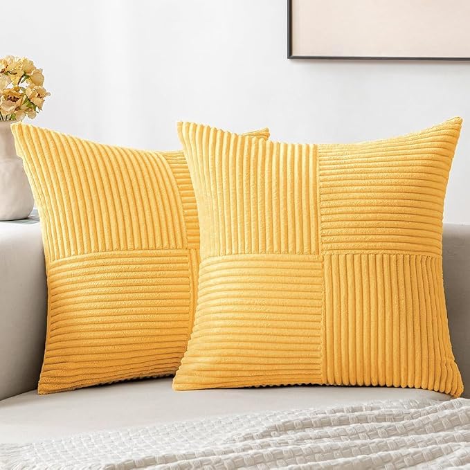 MIULEE Yellow Decorative Throw Pillow Covers for Couch 18x18 Inch | 2 Pack, Boho Farmhouse Pillow Covers, Soft Cross Corduroy Patchwork Textured Cushion Cases For Bed Sofa