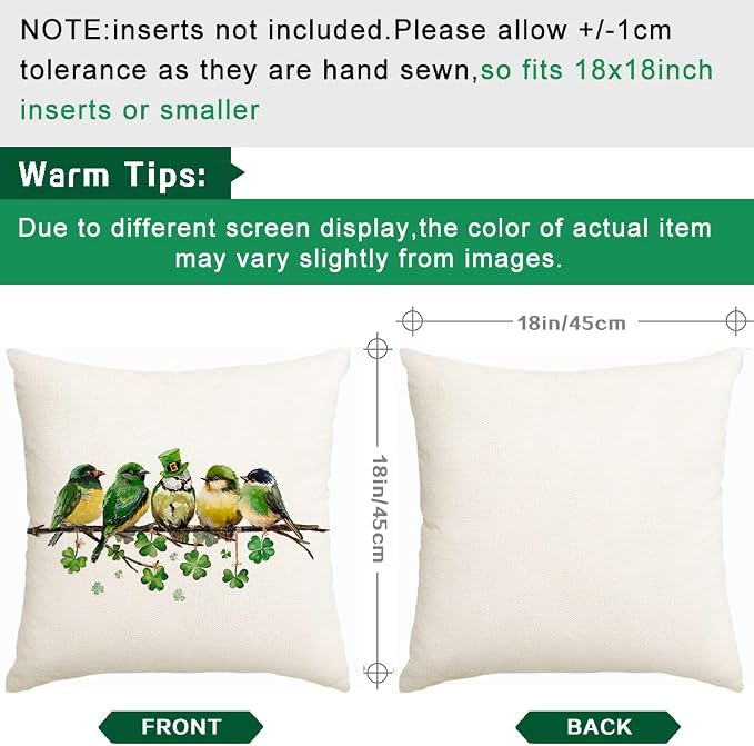 RABUSOFA St.Patricks Day Pillow Covers 18x18 Inch,Birds Shamrock Decorations Holiday Spring Decorative Pillow Case Decor for Sofa Couch Green