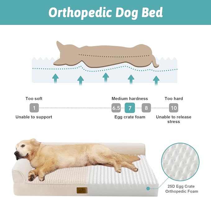 COZY KISS Orthopedic Dog Bed for Extra Large Dogs, L Shaped XXL 48x35 inch | Non-Slip Bottom Soft Pet Sofa with Washable Removable Waterproof Cover, Egg-Crate Foam Couch with Portable Handle, Beige
