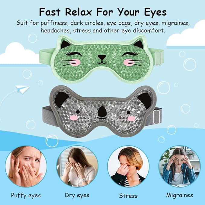 Kids Ice Packs 2 Packs Cooling Eye Mask with Soft Plush Backing for Children Boo Boos Sinus Headache Fever Patch for Kids (Green+Grey)