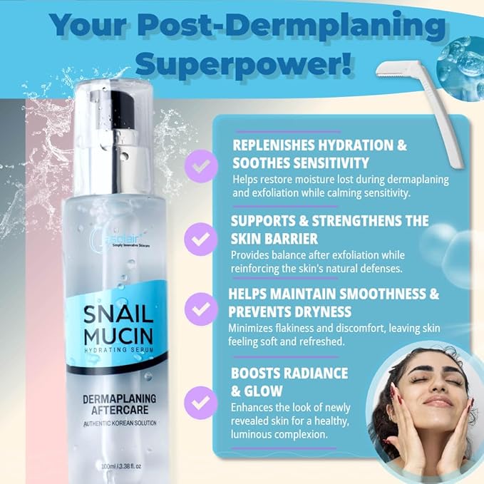 Snail Mucin Hydrating Serum for Post-Dermaplaning – Korean Beauty Skincare to Soothe, Hydrate & Renew Skin After Face Razors & Dermaplaning Tools – Ideal For Dermplane and Daily Routine