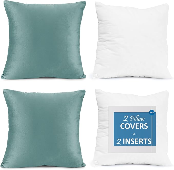 Nestl Throw Pillow Inserts Pack of 2 with Velvet Soft Solid Decorative Square Throw Pillow Covers Set for Sofa Couch Car Bedroom, 28X28 Throw Pillows Inserts with 26x26 Washable Cushion Covers, Teal