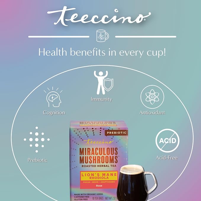 Teeccino Caffeine-Free Mushroom Adaptogenic Herbal Tea - 10 Tea Bags - Lion’s Mane Rhodiola Tea - Rose, 3x More Herbs than Regular Teas, Lightly Sweet from Dates & Figs, Chicory Prebiotic