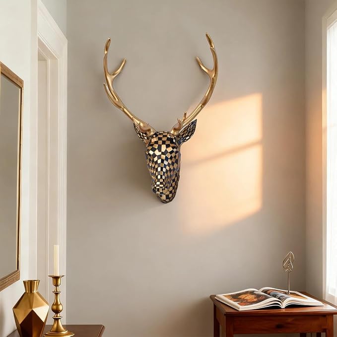 GIGICICI Mosaic Deer Head Wall Decor 15.7x8.7 Inch, Artistic Faux Resin Animal Head Wall Sculpture Hanging for Living Room Bedroom Kitchen Office, Black-Gold Gift