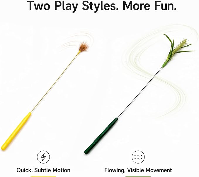 Mini Cat Wand Toy Set - Fast Motion Interactive Cat Teaser, Small Feather & Flowing Feather Tips, Flexible Wire Wand for Indoor Cats, Close-Range Play, 2 Pack