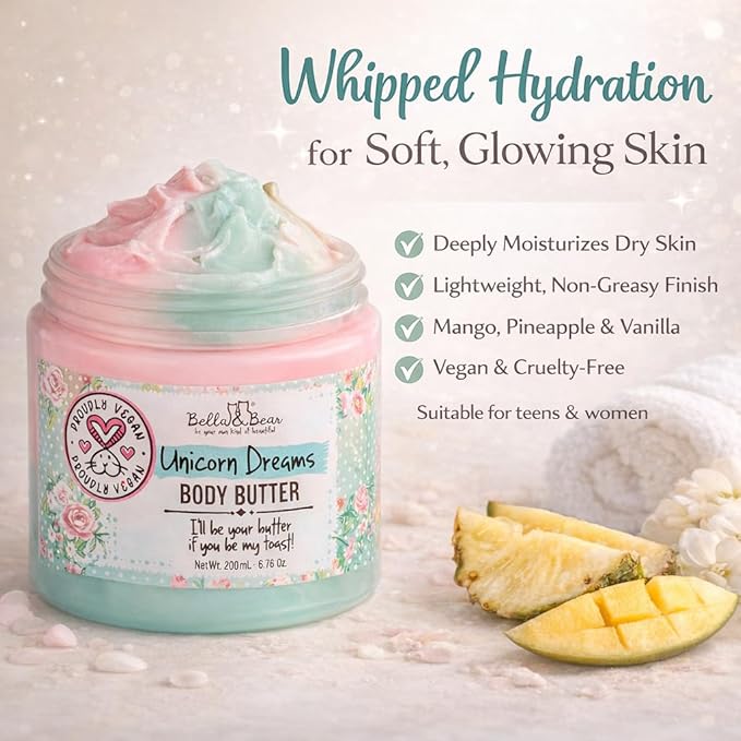 Whipped Body Butter for Women & Teens – Bella & Bear Unicorn Dreams – Hydrating & Moisturizing Cream – Vegan, Cruelty-Free – Mango, Pineapple & Vanilla