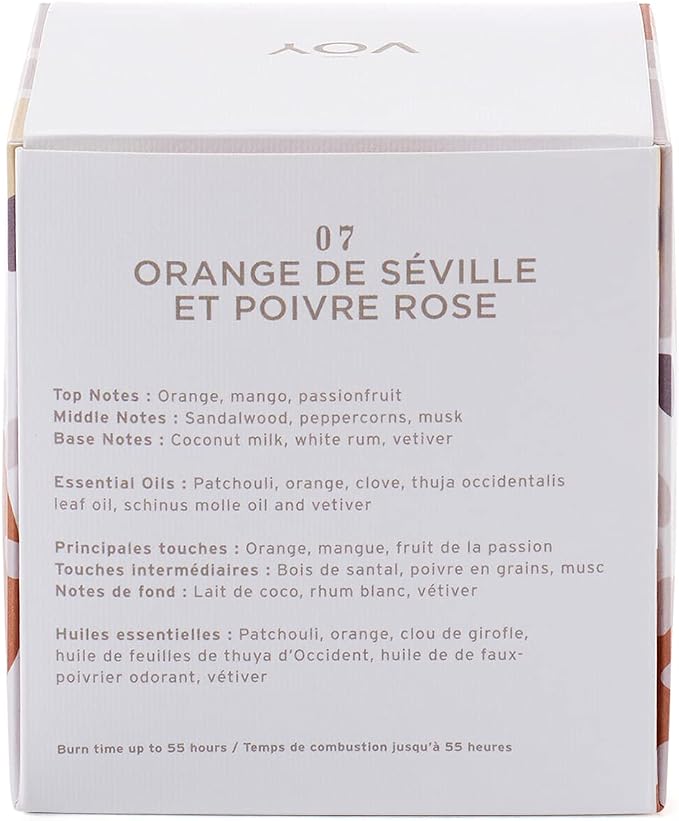 VOY Scented Candle, Tropical Bright Seville Orange & Pink Peppercorn, 55 Hour Burn Time, Blended Soy Candle, High-Fragrance Load, 8 oz Jar Candle, Aromatherapy Candle with Sustainable Gift Packaging