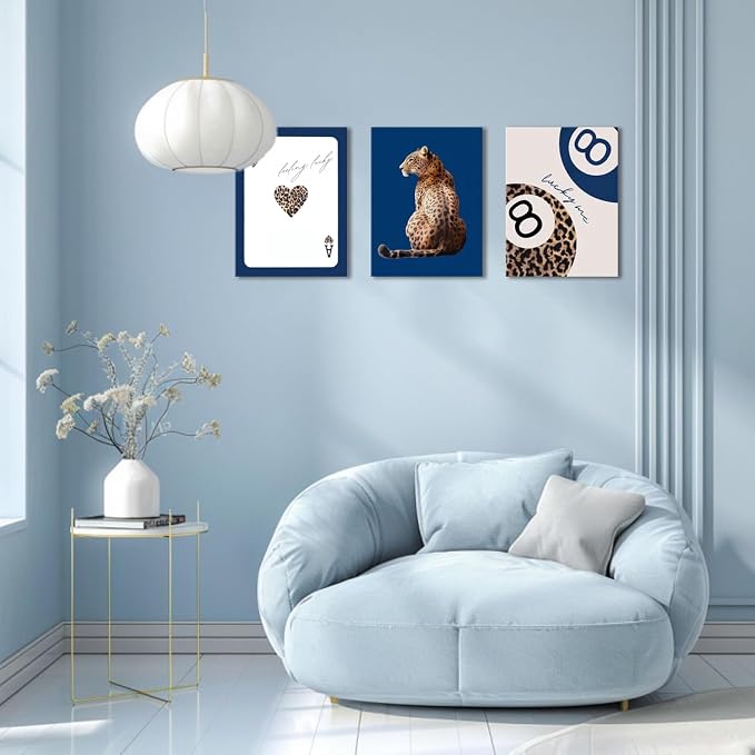 Navy Blue Leopard Canvas Wall Art Set of 3 Cheetah Animal Prints Posters Wall decor Trendy 8 Ball Lucky Me Pictures Aesthetics Artwork for Dormitory Apartment Bedroom Decoration 12x16 Inch Framed