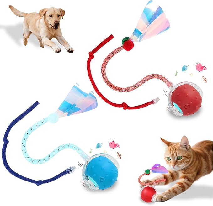 Interactive Cat Toys Smart Ball for Cats & Dogs! Now with 2 Rapid Tails. Features: 360°Auto-Rolling, Motion Activation& Bird Sounds. Perfect for Indoor Pet Exercise & Fun. (Red＆Blue)