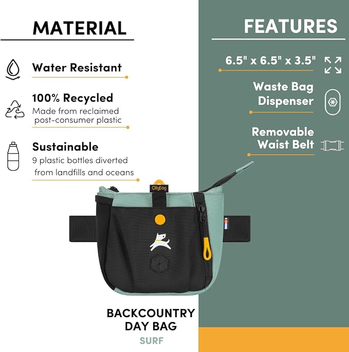 OllyDog Backcountry Day Bag | Dog Training Treat Pouch | Eco-Friendly Recycled Fabric Fanny Pack with Zipper Closure, Built-in Poop Bag Dispenser & Adjustable Waist Belt (Surf)
