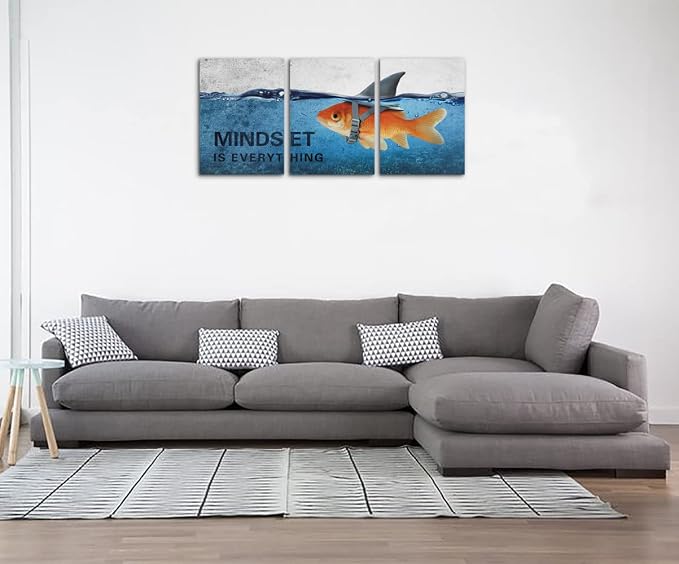 3 Panels Modern Framed Inspirational Canvas Wall Art Goldfish Body Strong Shark Heart Mindset is Everything Motivational Wooden Decor Posters (72''W x 36''H)