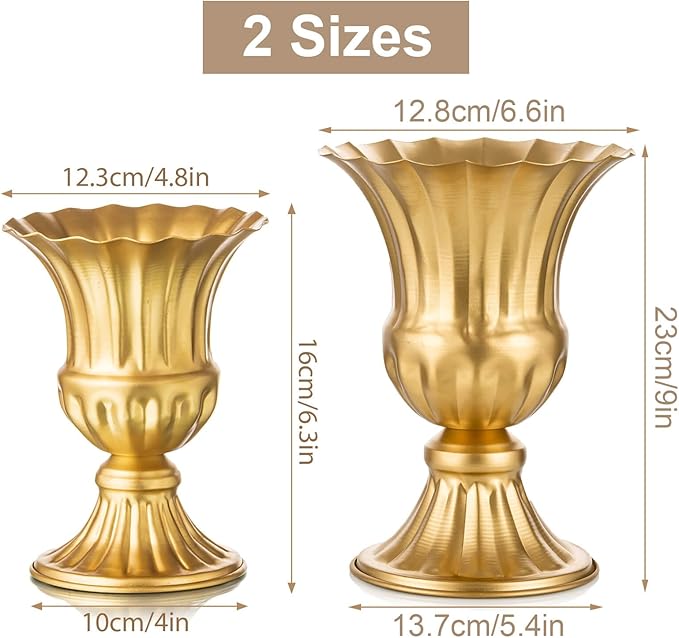 Sziqiqi Gold Metal Compote Vase, Urn Vases for Table Centerpiece, 2Pcs | 6.3in Tall, Golden Vintage Flower Arrangement for Wedding, Pedestal Bowl Planter Pot For Reception, Home, Party Decor
