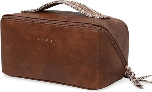EACHY Travel Makeup Bag, Large Capacity Cosmetic Bag for Women, Waterproof PU Leather, Flat Open Portable Toiletry Bag for Skincare, Brushes & Travel Essentials