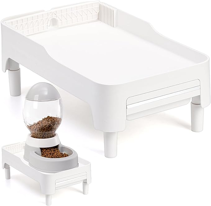 Raised Pet Feeder Stand for Cats and Dogs Neck Health, Adjustable Height Elevated Shelf Suitable for 90% Automatic Pet Feeder & Water Dispenser, with Drawer to Stock Pet Snacks, Canned Food