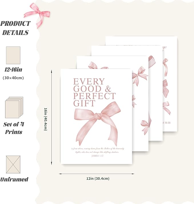 LARTSFRO Coquette Pink Bow Wall Art Decor Posters, Blush Pink Bow Room Bedroom Bathroom Dorm Wall Art Decor Aesthetic for College Teen Girls Gifts, Inspirational Bible Verses Bow Wall Decor, 12x16 Inch Set of 4 Pcs Bow Pictures (UNFRAMED)