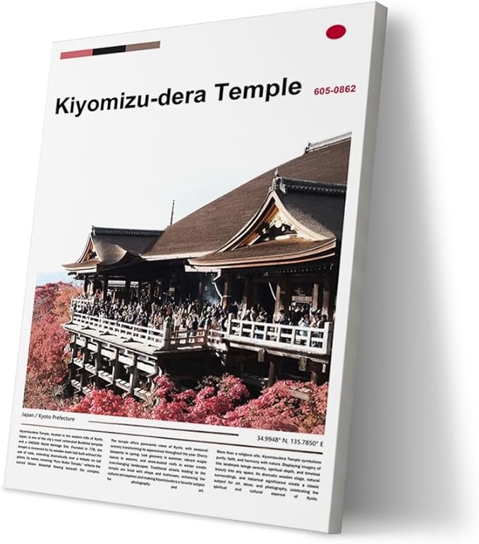 Poster Kiyomizu-dera Temple Wall Art Original Design(36"x24" Metal Frame) Kyoto Japan Pagoda Print Autumn Red Maple Leaf Landscape Scenery Buddhist Shrine Zen Culture Travel Landmark Series Picture