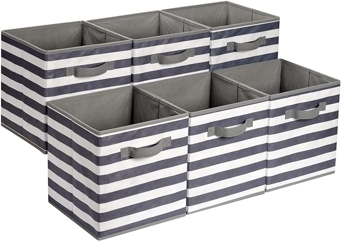 Amazon Basics Collapsible Fabric Storage Bins with Handles, Cube Organizer for Home Organization, 10.5"x10.5"x11", White/Light Grey Stripe, 6-Pack