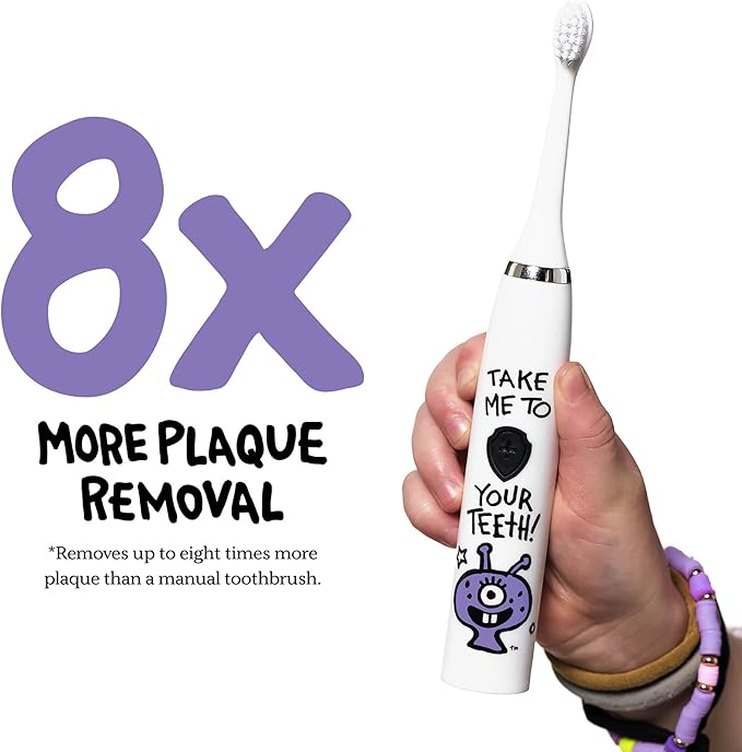 Made by Dentists Kids Electric Toothbrush - Rechargeable Vibrating Toothbrush with Timer, Includes 6 Replacement Heads, Gently Cleans Teeth, Kid & Toddlers Age 2+, Alien
