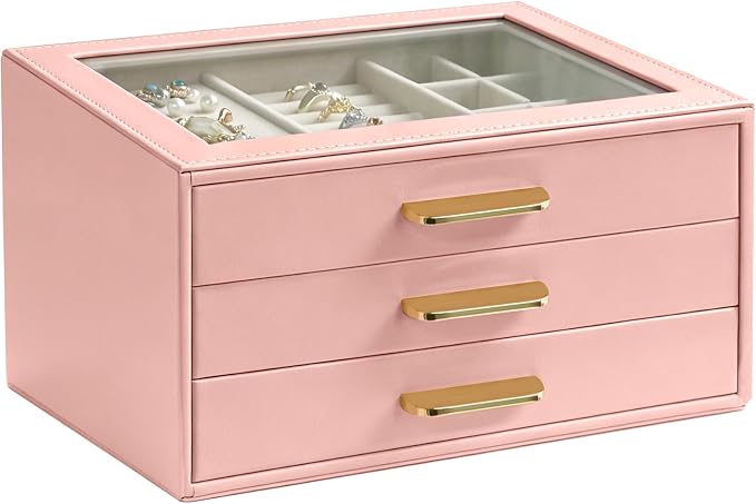 Homeanda Jewelry Boxes Organizer with Glass Lid, 3-Layer PU Leather, Pink | Modern style display case with 3 drawers for daily jewelry, women, mom or girl gift
