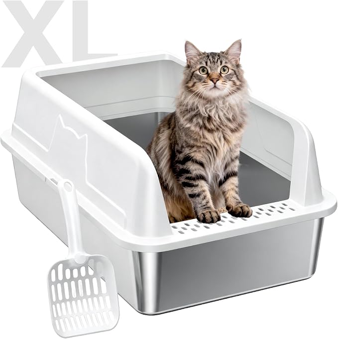 High-Sided Stainless Steel XL Cat Litter Box for Cats | High-Sided Design Prevents Urine Leakage,Non-Stick,Easy to Clean,Includes Scoop,White