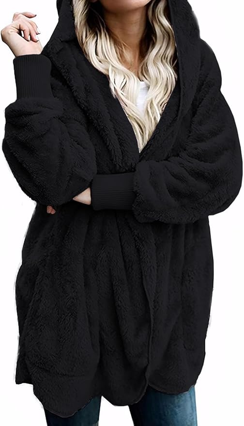 Zilcremo Women Hooded Cardigan Fuzzy Jacket Winter Open Front Fleece Coat Outwear with Pockets