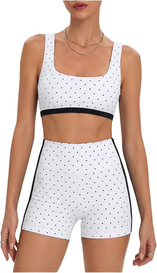 Milumia Women's Polka Dots Workout Set 2 Piece Color Block Bra Tank High Waisted Biker Shorts Layered Matching Yoga Outfit