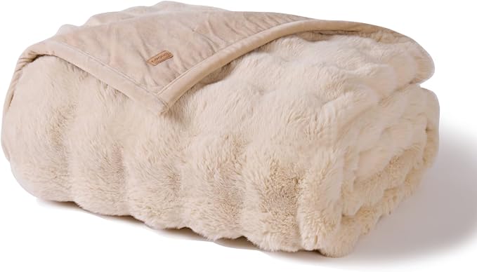 Faux Rabbit Fur Bubble Throw Blanket, 90"x90", Cream | Ultra Soft, Luxury Faux Rabbit Fur Throw, Thick Warm Bubble Blanket, Cozy Fluffy Reversible, for Bed, Couch, Chair, Sofa
