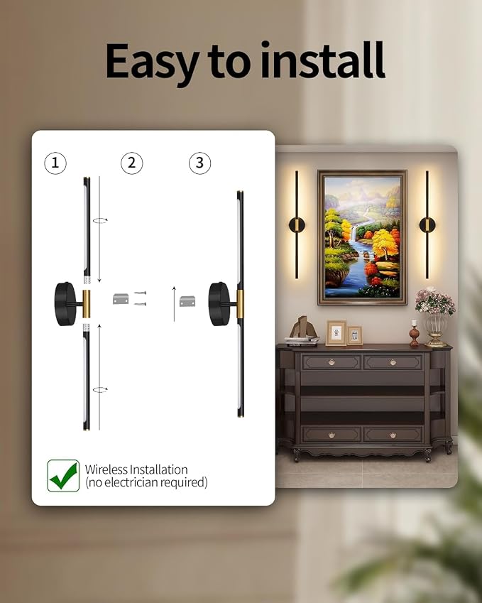 24" Battery Operated Wall Sconce Set of 2, 350° Rotating Lamp, Black Gold | Wireless, 8000mAh Rechargeable Battery, Stepless Dimming, 3000K-6000K, Remote & Touch Control, Timer, Living Room, Bedroom