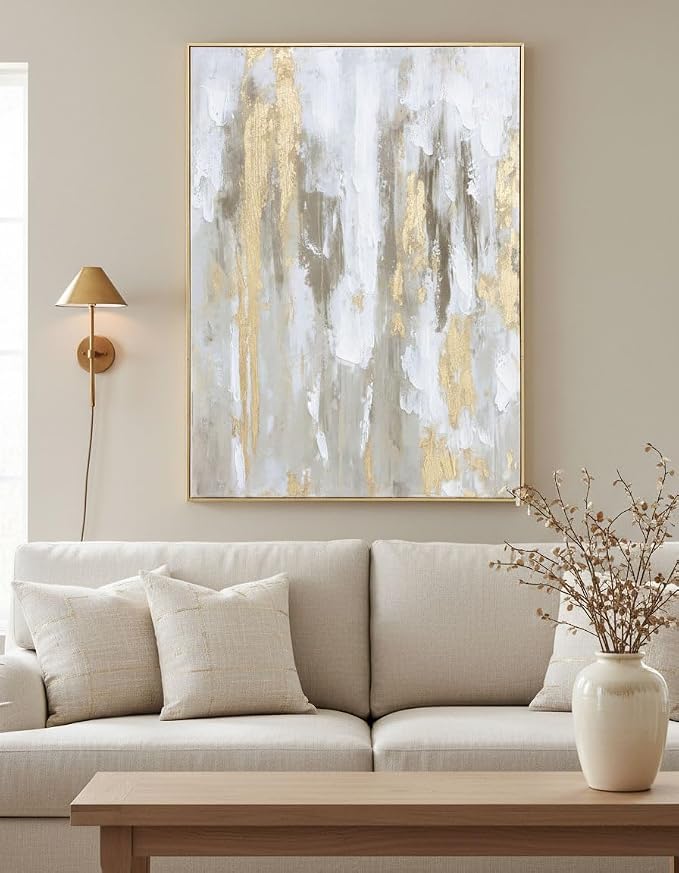 Zessonic Large Gold Abstract 3D Textured Hand-painted Wall Art, 24"x32" | Framed Texture Paintings Modern Canvas Artwork with Hand-Painted Gold Foil for Living Room Bedroom Office, Ready to Hang