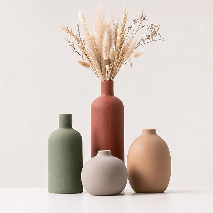 Ceramic Vase Set of 4, Modern Neutral Decorative Flower Vases | Boho Farmhouse Home Decor for Table Centerpieces, Shelf Styling, Dried & Fresh Flower Arrangements