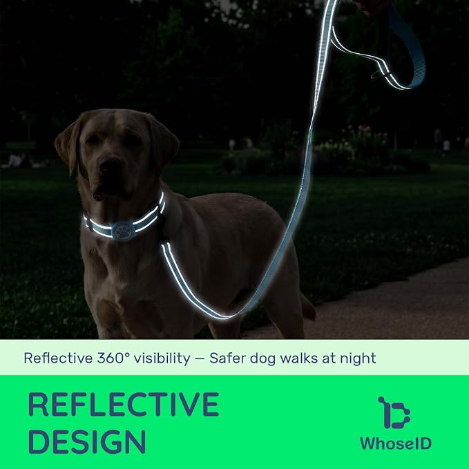 Airtag Dog Collar and Leash Set,Reflective Ultra-Durable Nylon Padded with QR Buckle & IP68 Waterproof Air Tag Holder Compatible for Apple AirTag, Comfortable for Small Medium Large Dogs (Blue Set,M)