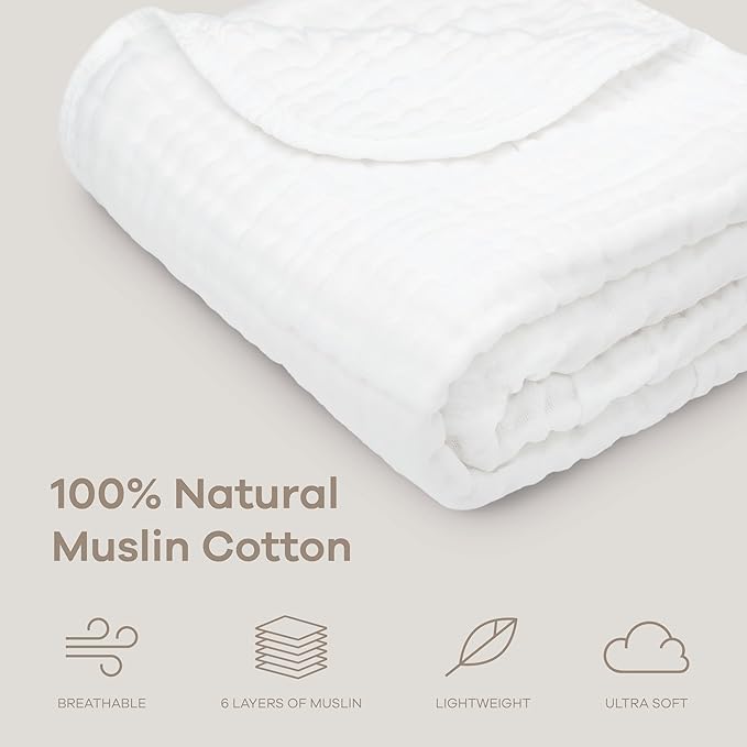 Comfy Cubs Muslin Baby Blanket 40" x 40" L - Swaddle Blankets, White | Soft, Lightweight, 6-Layer Cotton Breathable Baby Blankets - Comfortable, Gentle & Versatile Cotton Baby Blankets for Sleep
