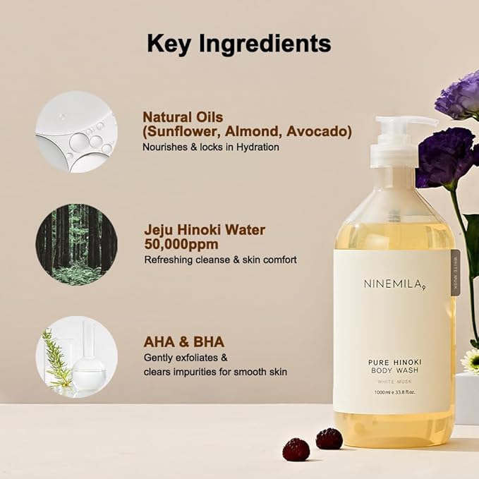 NINEMILA Pure Hinoki Body Wash, White Musk, 1000ml(33.8 fl oz) Family Size – Gentle Daily Body Cleanser for a Calm, Spa-Like Shower Experience