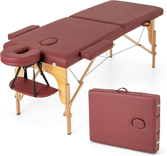 Giantex Massage Table, Portable Massage Bed w/Carrying Case, 2-Section Salon Spa Facial Care Tattoo Bed, Height Adjustable, Wood Frame, Professional Massage Lash Bed for Eyelash Extension (Red)