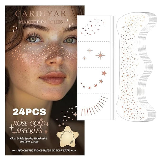 Glitter Freckles Face Tattoo - 24PCS Waterproof Gold Temporary Sparkle Patches for Women, Makeup Glow Up (Rosegold)