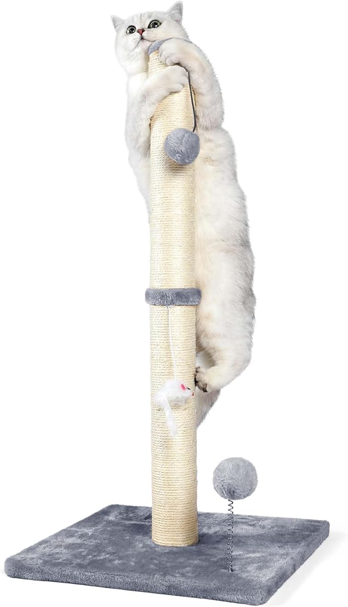 ANWA 32" Tall Sisal Cat Scratching Posts Tree for Indoor Cats Adults, Gray | Sisal Cat Scratcher, Small Space, Cat Post with Dangling Plush Toys for Indoor Cats, 15.7" Stable Base, Cat Furniture