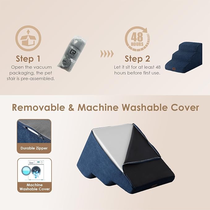 EHEYCIGA Curved Dog Stairs Ramp, 3-Step Dog Steps, 15.7" H Pet Step | 33D density of pure foam, for Small Dogs and Cats, Pet Stairs for High Bed Climbing, Non-Slip Balanced Indoor, Navy