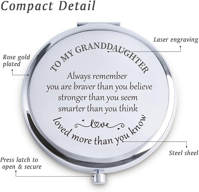 Granddaughter Gifts from Grandma Grandpa, Personalized Gift for Granddaughter, Custom Compact Mirror, Goodie Bag & Basket Stuffers for Valentines Day, Mothers Day, Graduation, Birthday, Wedding
