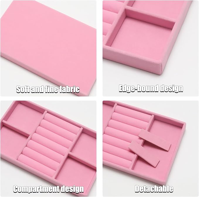 Velvet Jewelry Trays for Drawers, Pink 2-in-1 | Stackable Jewelry Drawer Organizer, Ring Earring Necklace Bracelet Holder Organizer Display Tray with Removable Dividers