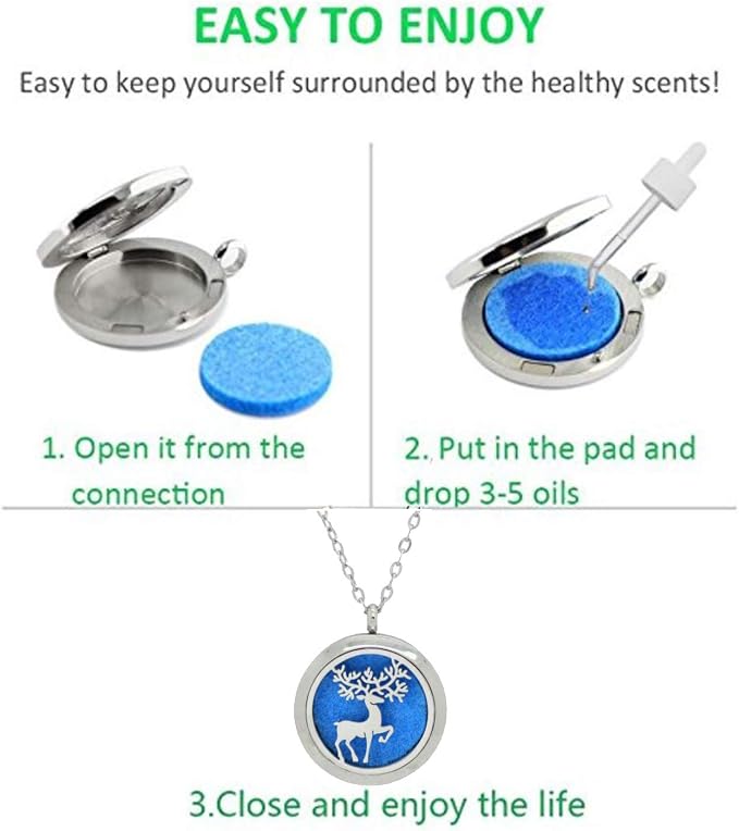 Aromatherapy Essential Oil Diffuser Stainless Steel 30MM Silver Magnetic Locket Pendant 2 Sizes Chain Necklace, Refill Pads & Diffuser Bracelet in a Velvet Bag (Prancing Winter elk)