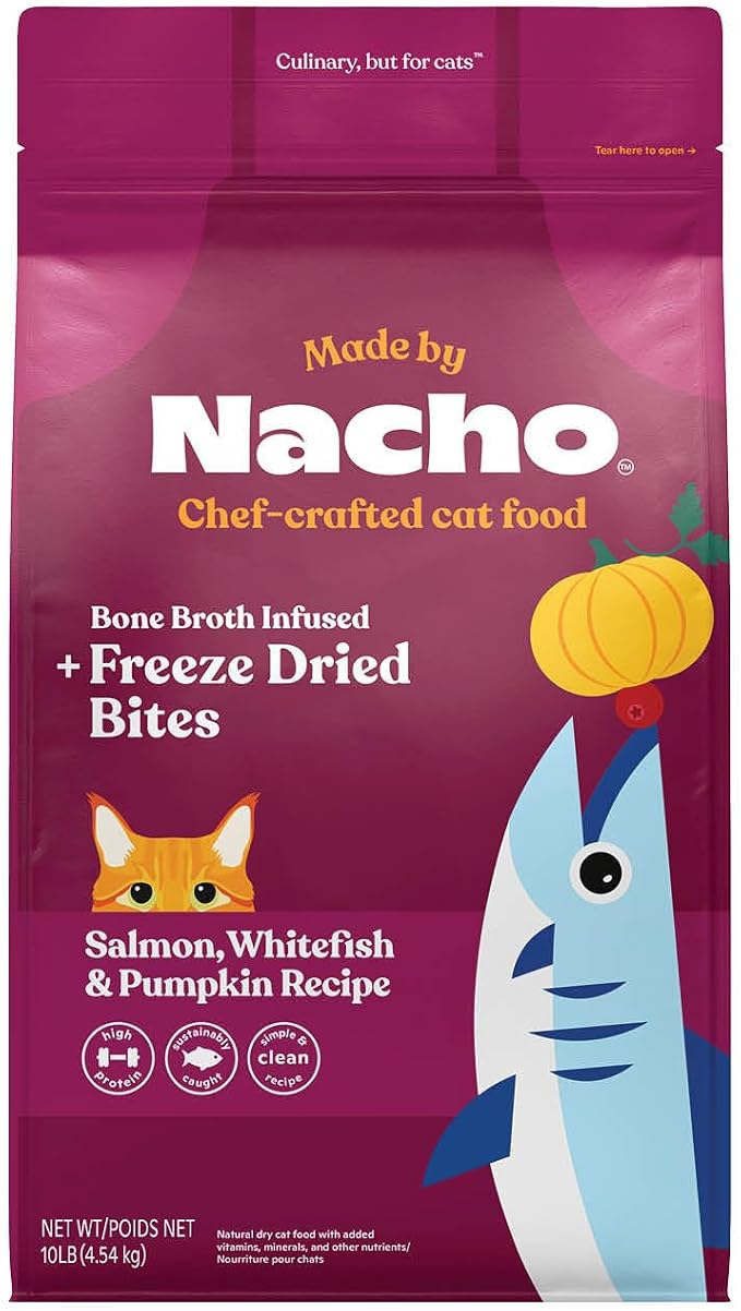 Made by Nacho Dry Cat Kibble 10lb Bag, High Protein Premium Cat Food with Freeze Dried Pieces, Sustainably-Caught Salmon, Whitefish & Pumpkin, Limited Ingredients, Single Bag | Protein-forward dry cat food with premium ingredients and craveable texture...