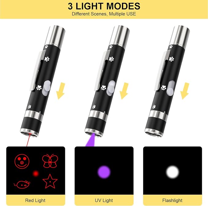 Cat Toy, Distinctive Black Painted Metal Casing with Paw Print Design, USB Rechargeable, 5 Adjustable Light Patterns, Portable Interactive Chase Toy for Indoor Cats & Dogs Training and Exercise