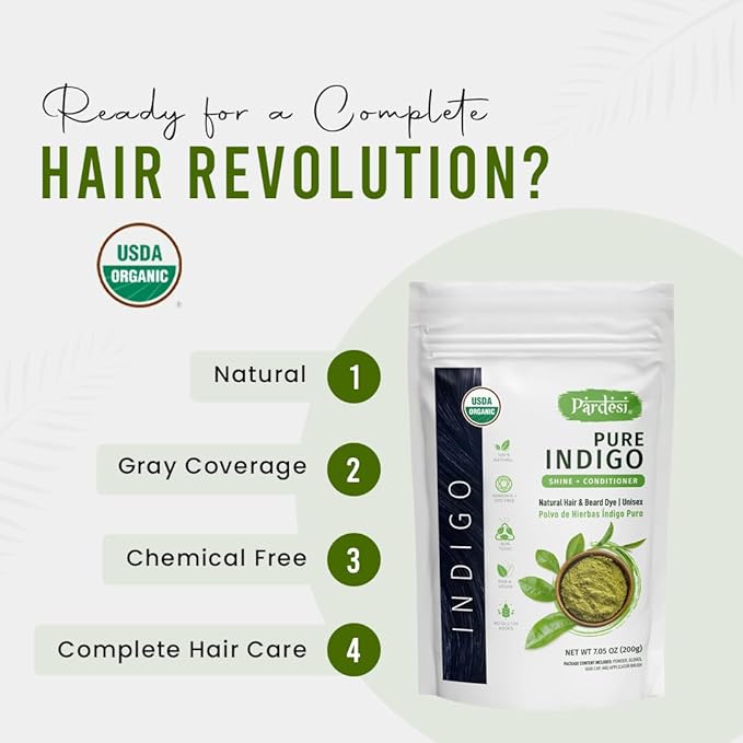 Pardesi Indigo Powder I USDA Organic I 7.05 oz (200 Gram) | Natural Hair & Beard Dye I Unisex I Amonia and PPD Free I Includes Gloves, Hair Cap and Applicator I From India